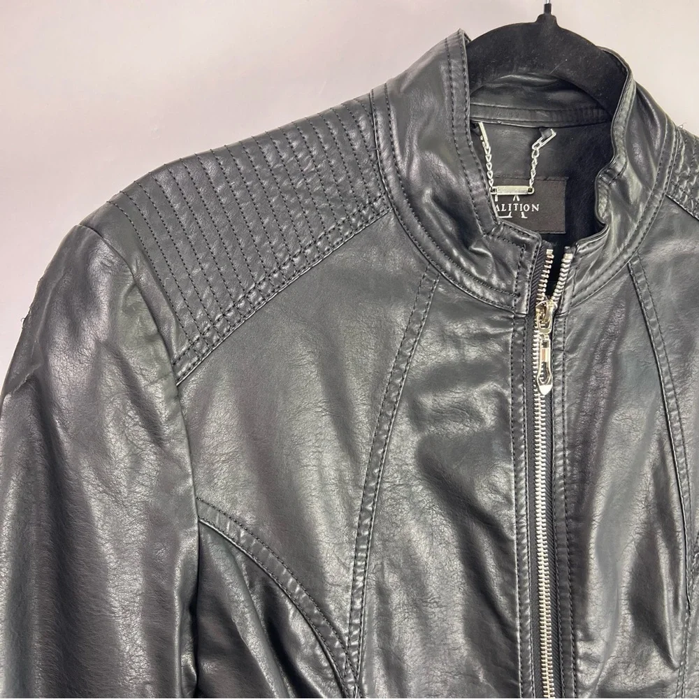 LA Coalition Black Moto Jacket, Faux Leather, Quilted, Zippered Pockets, Medium - Picture 3 of 12